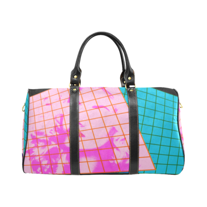 Vaporwave Waterproof Travel Bag Pink Blue Grid Woman