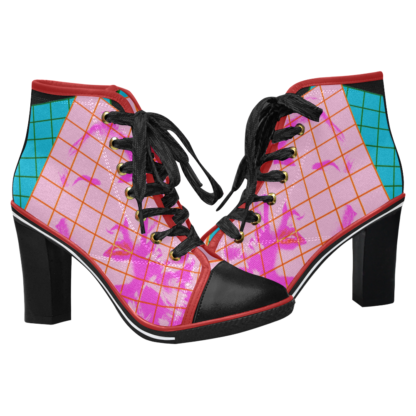 Vaporwave Shoes Chunky Heels Woman Pink Blue With Red Trim