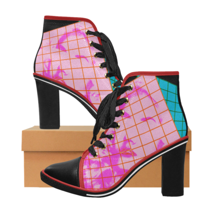 Vaporwave Shoes Chunky Heels Woman Pink Blue With Red Trim